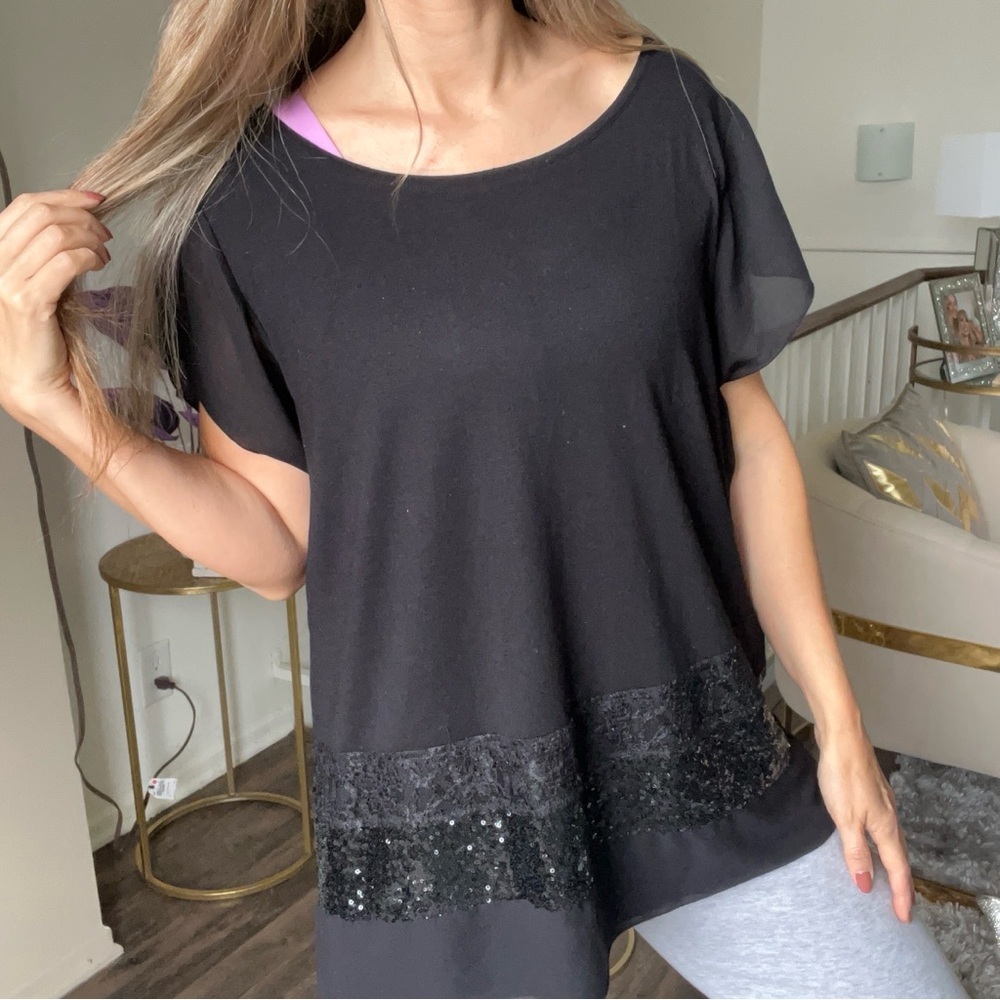 Taifun 80s Vtg Black Short Sleeves Round Neck Sequin Hem Women's Top T-Shirt L - Picture 3 of 11